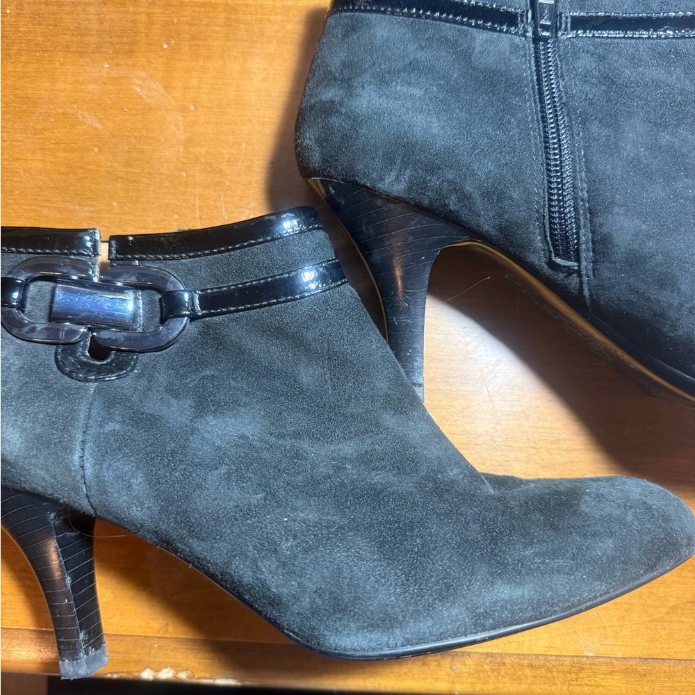 Rare find. Sofft Black Suede Ankle Booties with Patent Trim